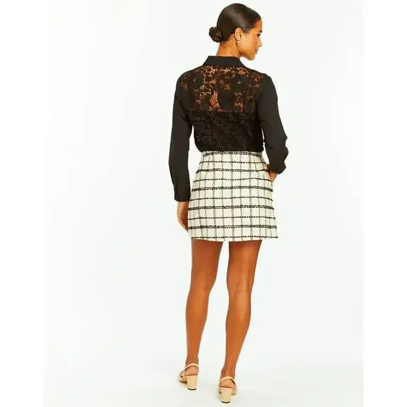 Mestiza Teresa Tweed Mini Skirt Cream Black Faux Wrap US 2 XS NWT Quiet Luxury - Picture 3 of 4